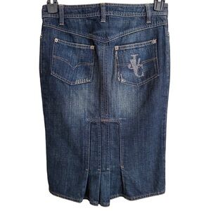 VERSACE JEANS COUTURE Pleated Metallic Embroidered Logo Y2K Denim Skirt 38/XS/S